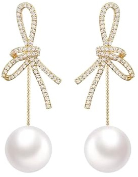 BKEPDY Boucles d'Oreilles Femme avec Nœud Pendantes Longues en Acier Inoxydable de Haute Qualité et Plaqué Or Hypoallergénique avec Des Imitation Perles et Diamants