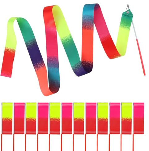Kellegour 12 Stück Gymnastikband mit Stab,2m Rhythmische Sportgymnastik Band,Tanzen Streamer,Rhythmische Tanzbänder für Künstlerische Tanzgymnastik,Zirkus,Karnevalsshows