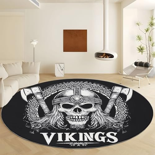 Kids Rugs for Playroom 3ft Viking Skull Axe Round Rug Circle Rug Soft Washable Round Rug for Bedroom Non-Slip Round Kids Rug for Nursery Classroom Living Room