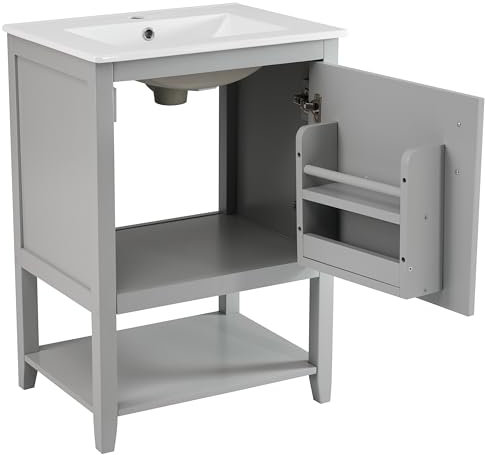 Lexiou Mueble de baño individual para lavabo de 60 cm con lavabo de cerámica, con estante (gris claro)