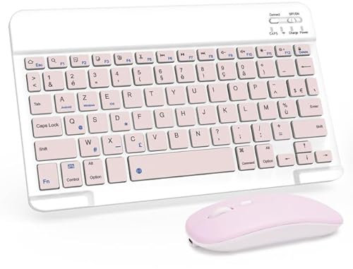 LAMA Clavier et Souris sans Fil Bluetooth, Clavier Universel Ultra-Mince Rechargeable pour Tablette, Compatible avec iPad/Tablette/iOS/Android/Windows, AZERTY Français, Rose