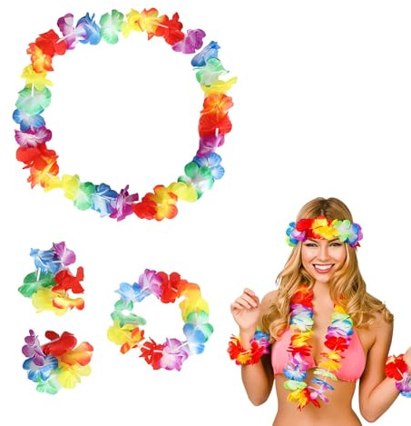 ZWWOGE 4Pcs Blumenkette Deko Leis Blumenketten hawaii Ketten Blumen Mit Halskette Stirnband Armband Haarclips, hawaii kostüm damen，Luau Blumengirlande FüR Hawaii