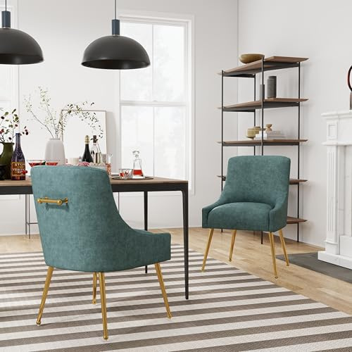 SEYNAR Esszimmerstuhl 2 Stück Küchenstuhl Polsterstuhl Wohnzimmerstuhl Sessel mit Metallgriff,Sitzfläche aus Leder, Metallbeine für Esszimmer, Wohnzimmer, Schlafzimmer (Blau)