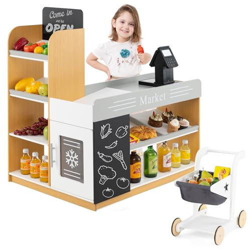 Grocery Store for Kids, Wooden Pretend Play Shop with Shopping Cart, Cash Register, Scanner, Blackboards, Children Role Play Supermarket Playset for Boys Girls 3+Years Old