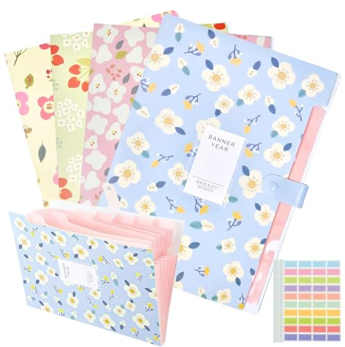 A4 Expanding File Organiser with 8 Pockets, 4PCS Poly | Pockets Document Organiser with Tabs, Pockets Filing Box Floral Pattern for School Office Home