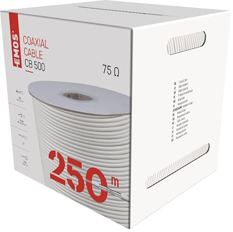 EMOS - Cavo antenna 250 m per SAT, TV e CCTV tipo CB113 LSZH - Cavo coassiale classe A+ tripla schermatura - Cavo TV, cavo satellitare, cavo CCT - Schermatura Trishield - Resistenza 75 Ohm - Bianco