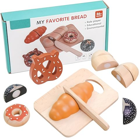 Spielküche Zubehör aus Holz, Kinderküche Zubehör für Rollenspiele, Pädagogisches Küchenzubehör Kinder ab 3 Jahre, Brotspiele mit Klett-Verbindung
