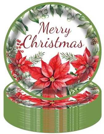 AHPYEUHK Assiettes en papier de Noël de 17,8 cm jetables | Lot de 50 assiettes de fête fleuries de Noël pour dessert, gâteau, fêtes de fin d'année