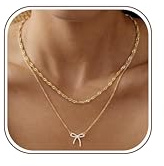 Dochais 2Pcs Schleife Herz Halskette Damen Gold Kette Damen 14 Karat Vergoldet Goldketten Herz Anhänger Kette Verstellbar Gold Nacklace Stapelbare Doppel Layering Halskette Schmuck für Frauen Mädchen