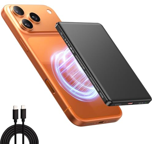 0.8cm Power Bank Magnético - Batería Externa Ultra Fina, Carga Rápida PD20W C-C（1M）, Cargador Inalámbrico Qi Compatible con iPhone (Serie13/14/15/16/17)