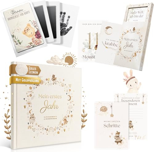 EULENTALER 3in1 Babyalbum Set | Mit Meilensteinkarten & Abdruckset Baby | Beliebtes Babytagebuch Mein erstes Jahr mit Platz zum Eintragen, Dokumentieren und Erinnern, Babyparty Geschenk zur Geburt