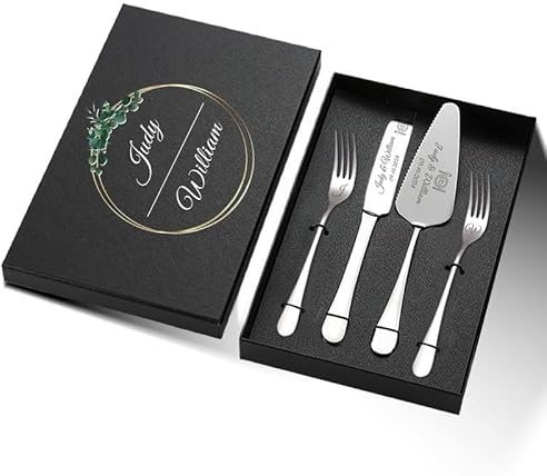 toyofmine Ensemble de couteaux et de serveurs à gâteau de mariage personnalisés avec fourchettes en acier inoxydable. Coupe-gâteau personnalisé