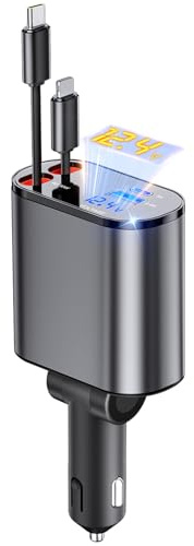 Aimtel 4 in 1 Zigarettenanzünder USB, 66W Auto Ladegerät für iPhone/Samsung | Kfz Ladegerät für Camping Wohnmobil, 12V/24V USB Adapter Auto, Car Charger mit 2 Einziehbarem Kabel