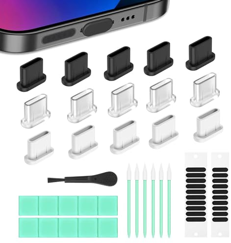 TESGADGETS Set de 13 Piezas de Tapones Protectores de Polvo para USB C y Cubierta de Altavoces para Teléfono, Aplicable a la Serie iPhone 17/16/15, Kit de Limpieza para Tapas de Puertos de Carga,
