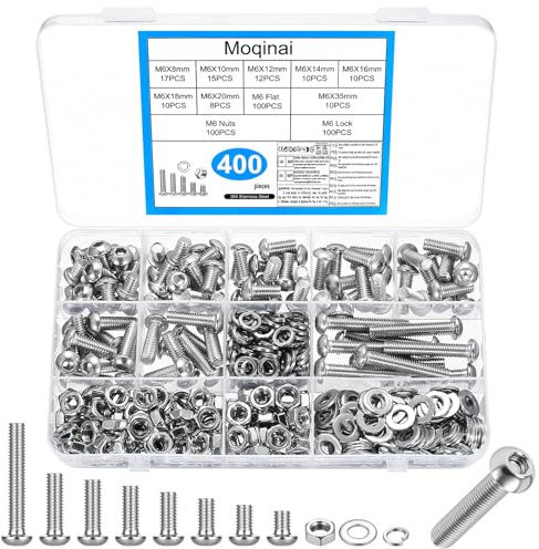 400 Pcs M6 Screw Set, M6 Bolts and Nuts Set, Stainless Steel Socket Button Head Cap Screws and Nuts Assortment, Machine Screws with Washers, Metric Bolts and Nuts Kit for Furniture