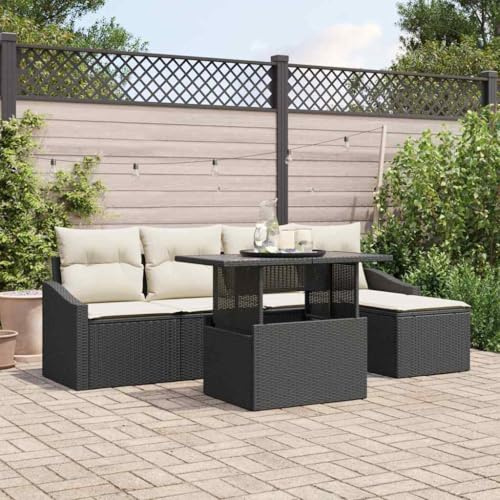 Frdhee Panca angolare per divano ad angolo, da giardino, con cuscino, 6 pezzi, nero e crema, per giardino, terrazza, balcone, panchina, divano, facile da montare