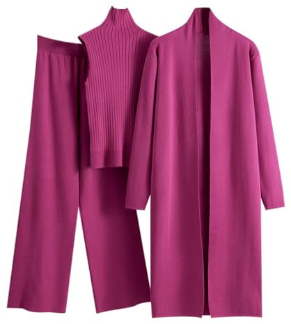 Dam 3-delad stickad loungeset, långärmad cardigan ärmlös polotröja linne och breda ben byxor 3-delad kläder för kvinnor, Rosa, one size