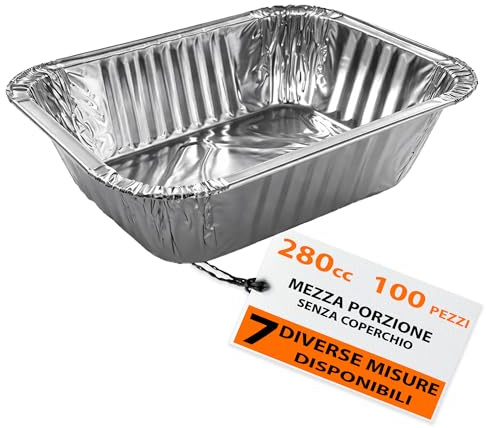 G.M. DISTRIBUZIONE GM – 100 Contenitori in Alluminio Mezza Porzione 280 cc Senza Coperchio, Vaschette Rettangolari per Forno e Congelatore, Gastronomia e Asporto – 12,5×10×3,4h cm
