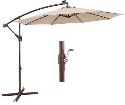 GOPLUS Sombrilla Terraza Exterior 3x3 m con 40 Luces LED Solares, Parasol Excentrico Inclinable con Pie y 8 Varillas, Resistente al Viento y GuardaSol(sin Base con LED, Beige, 3 M)