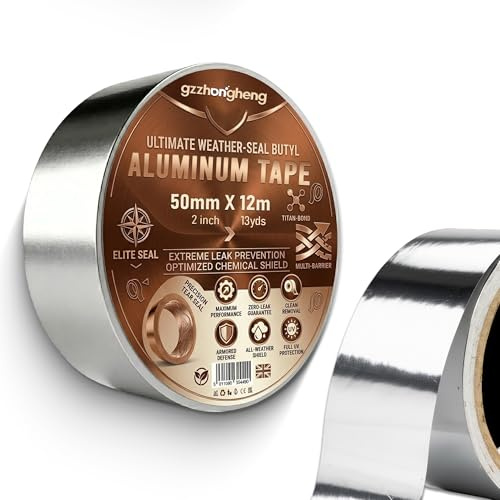 gzzhongheng Aluminium Foil Tape 50mm x 12m (Pack of 2 Rolls) – Heat Resistant Silver Foil Tape | Heavy Duty High Temperature Adhesive for Insulation, Duct Sealing, HVAC & Repairs