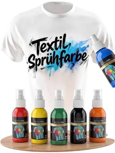 CreaTek Textilfarbe Spray 6x100 ml Classic, Textilfarbe waschmaschinenfest | Textil Sprühfarbe Set 6x100 ml, Stoffmalfarben waschfest bis 40 Grad, fixierbar mit Bügeleisen, inkl. 4 Ersatzdüsen