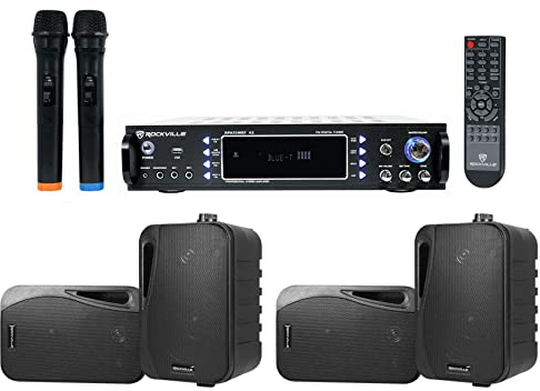 Rockville RPA70WBT Bundle: 1000-Watt 2-Channel USB Bluetooth Karaoke Amplifier/Mixer, (4) HP4S-8 BK 4 in Black Outdoor/Indoor 8-Ohm Wall Mount Home Speakers, (2) Mics, 5-Items