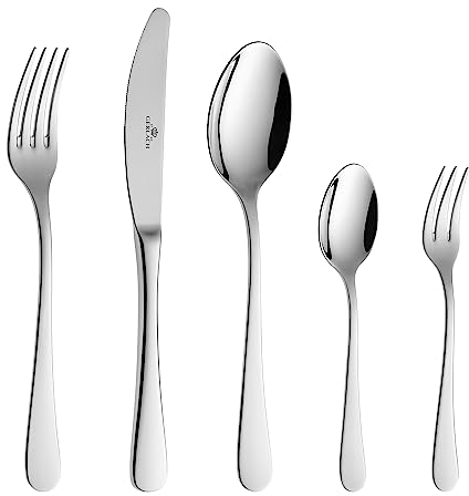 Gerlach 1760 Flow Set 12 Personen Spülmaschinenfest Essbesteck Besteck aus Edelstahl Messer Gabel Löffel Teelöffel Tafelbesteck Rostfrei 60 STK, 18/10 Steel, Silberglänzend