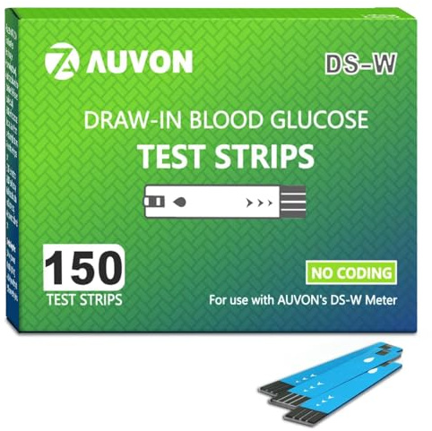 AUVON DS-W Draw-in Blood Glucose Test Strips for use with AUVON DS-W Diabetes Sugar Testing Meter (No Coding Required, 150 Count)