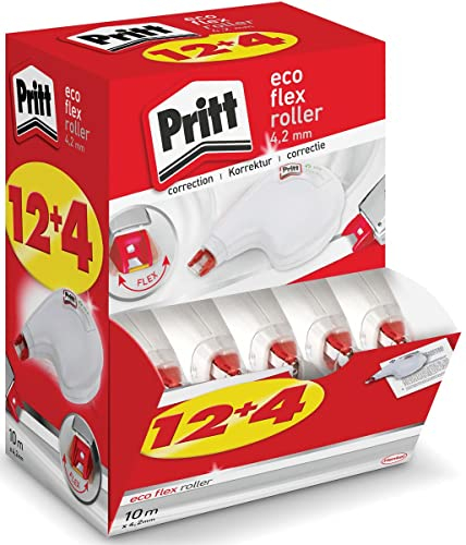 Pritt Korrekturroller ECO Flex Sideway, 12 + 4 Roller im Display, ergonomisches Design für seitliche Anwendung, Breite 4,2mm, Länge 10m, flexible Spitze, 9H PRKEM