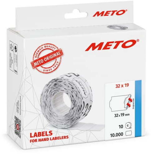 Meto Etiketten für Handauszeichner (32x19 mm, 2-zeilig, 10.000 Stück, weiß, permanent haftend, für METO, Contact, Sato, Avery, Tovel, Samark etc.)