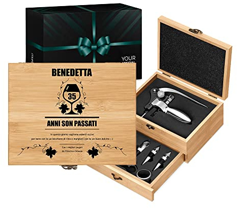 Maverton Accessori da vino La Dedica, Kit da Sommelier Personalizzato | Scatola in legno di bambù + 8 pezzi di Accessori Vino, regalo uomo, La vite