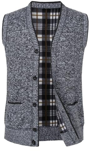 Yukirtiq Hommes Pulls et Gilets sans Manche Extérieur en Col à V Tricoté Chandail Doublure Polaire Gilets Cardigan Veste sans Manche Tricotée, Charbon, M