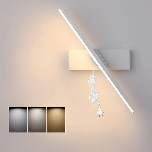 Applique Murale Intérieure LED Blanche Avec Prise Et Interrupteur, 8W Lampe Murale Dimmable En Métal, Luminaires Orientable 350°.