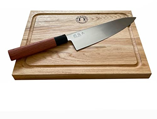 KAI Seki Magoroku Red Wood Griff, Kochmesser mit 20 cm Edelstahlklinge + 30x22 cm Eichenbrett mit Saftrille