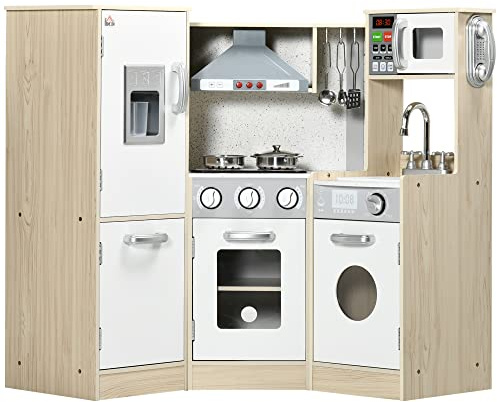 HOMCOM Kids Kitchen Playset Pretend Toy Kitchen w/Role Play Accessories, Sound and Light Effects, Phone, Storage Space