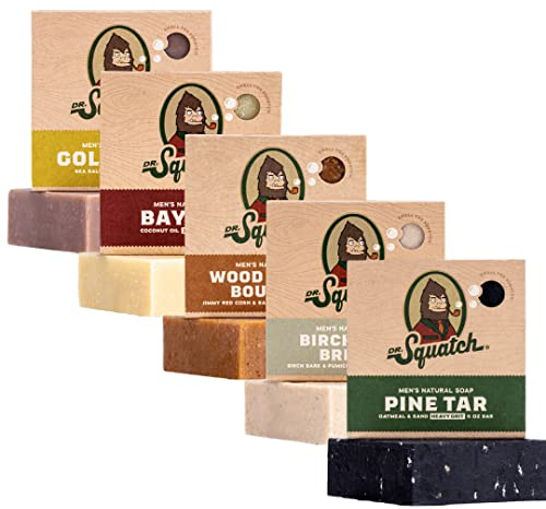 Dr. Squatch Natürliches Seifenstück für Männer, 5er-Pack zur Auswahl - Lorbeer-Rum, Birkenholzbrise, Goldmoos-Peeling, Kiefern-Teer, Holzfass Bourbon