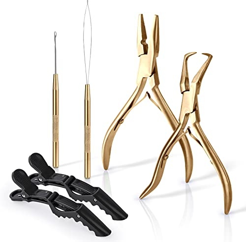 EHDIS Hair Extensions Tools Kit, 2 Stainless Steel Pliers for Hair Apply&Remove Micro Ring Loop, 2 Loop Needle Threader Pulling Hook, 2 Clip, Multi Functional Hair Extension Tool, Gold