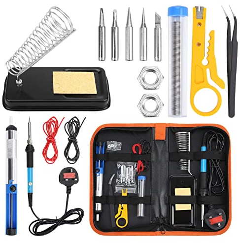Holdfiturn Soldering Iron Kit with Solder 60W Welding Tools Adjustable Temperature Soldering-Iron Gun Kit with 5 Soldering Tips Desoldering Pump Solder Wire Wire Stripper Cutter Stand Tool Case