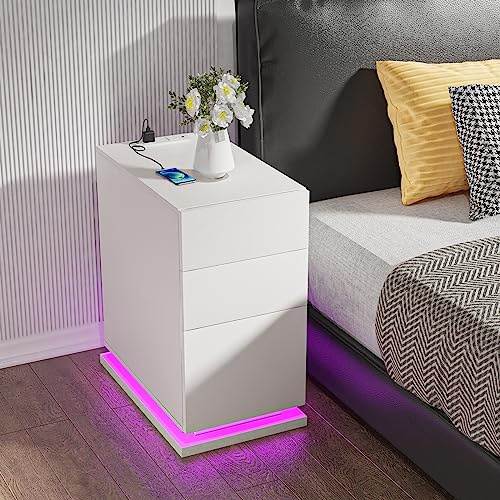 Lvhecforhm Schmaler Nachttisch Mit LED - Weiß Nachtschrank Mit Steckdose Und 3 Schubladen, 16 Farben Beleuchtung, Hochglanz Front, 30x50x63cm Für Wohnzimmer