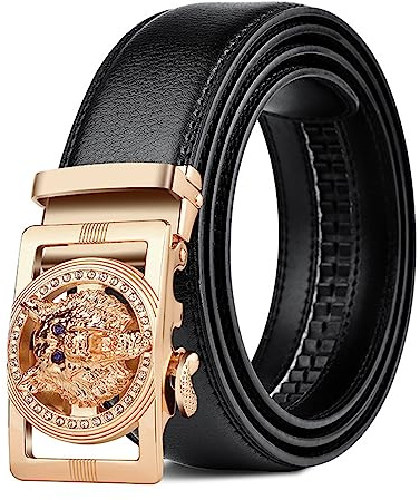 NALANY Unisex Herren Gürtel Schwarze Ledergürtel Ratsche Automatikschließe mit Vintage Gravur Jagd Wolf Kopf Dekorative Gürtelschnallen Business Anzug(110cm/waist:37, Gold)