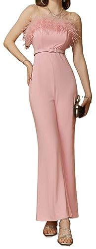 Eleganter Bandeau Jumpsuit Mit Federn Für Damen Sexy Off Shoulder Overalls In Rosa Leicht Ausgestellter Langer Hosenoverall Mit Gürtel (Color : Pink, Size : S)