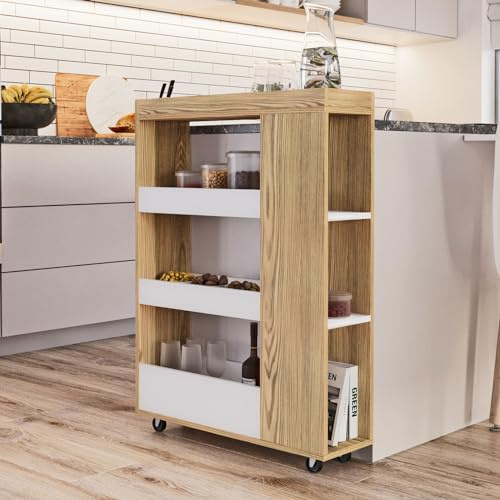 URBNLIVING 4 Tier Slim White & Oak Wooden Rolling Portable Kitchen Trolley Cart Veg Storage