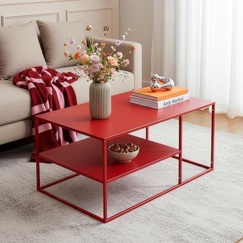 [en.casa] Couchtisch Solund Beistelltisch Metall Rot Wohnzimmertisch mit Stauraum 90 x 60 x 45 cm Sofatisch rechteckig Kaffeetisch
