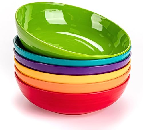 MIYOPESI 8-Inch Melamine Salad & Pasta Bowls - Set of 6, Unbreakable & Reusable with Ceramic Feel, Stackable & Dishwasher-Safe Platic Dinner Bowls, Versatile for All Meals (Multi-color)