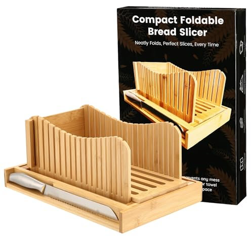 Bamboo Bread Slicer for Homemade Bread, Precision Bread Slicer with Adjustable Thickness Settings - Premium Quality | Bread Cutter for Homemade Bread | Foldable Bread Slicer with Crumb Catcher Tray