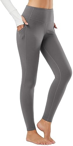 baleaf Women's Thermal Leggings with Pockets Fleece Lined Yoga Pants Winter Warm High Waisted Trousers Grey M