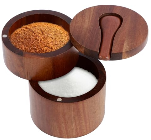 Sutowe Salière et poivrière avec cuillère et couvercle pivotant magnétique 2 couches en bois d'acacia, boîte de rangement anti-poussière pour assaisonnements, épices, poivre, sel de mer
