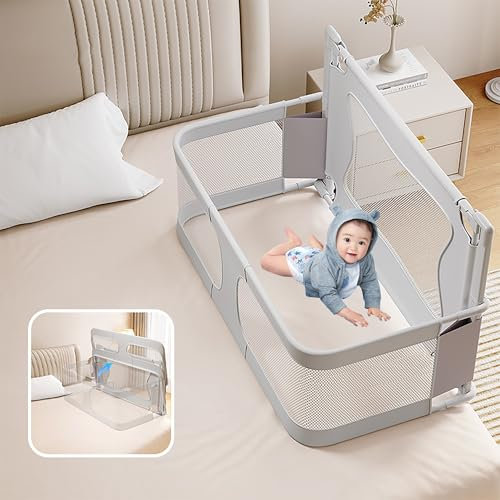 SRDCAIM 3-in-1 Babybett, Beistellbett Baby für Boxspringbett, Babywiege, normales Bett mit Überrollschutz, zusammenklappbares tragbares Kinderbett, einfach zusammenzubauen(Gray)