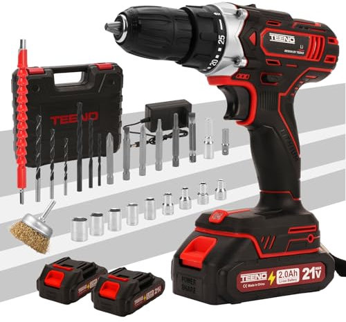 TEENO Taladro Atornillador Inalámbrico para Batería Makita de 21V 2 * 2,0 Ah Baterías,con Cepillo Antióxido de Metal, 45 Nm,25+1 Configuraciones de Par, 2 Velocidades, LED, 31 Accesorios y Maletín