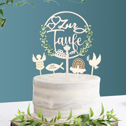 Wentsent Cake Topper Taufe Holz, Zur Taufe Tortendeko, Taube Fisch Regenbogen Engel Kuchen Deko Mädchen Junge